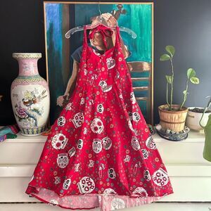 Vibrant Red Skull Pattern Mini Dress L